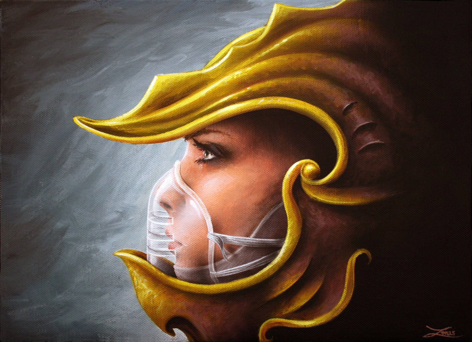 fantasía. arte chica perfil casco amarillo