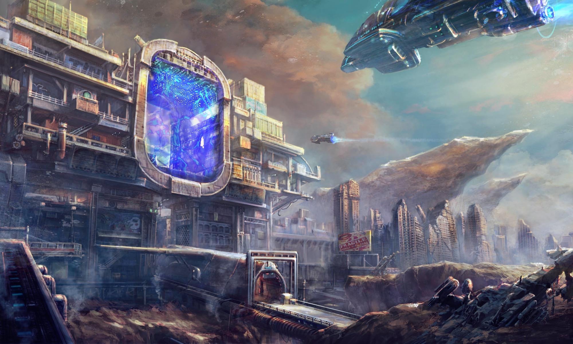 art ships future portal gate transportation rock town