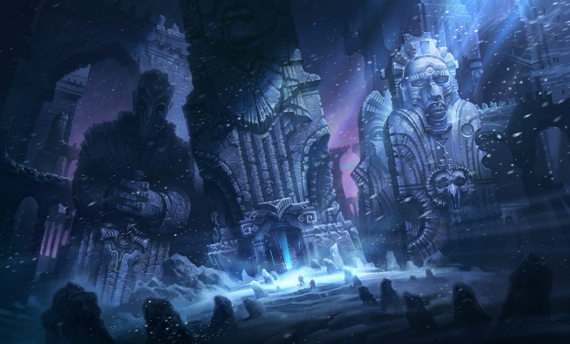 illustration de k k nigh crêtes de la folie howard lovecraft ruines zram neige personnes pierres nuit blizzard