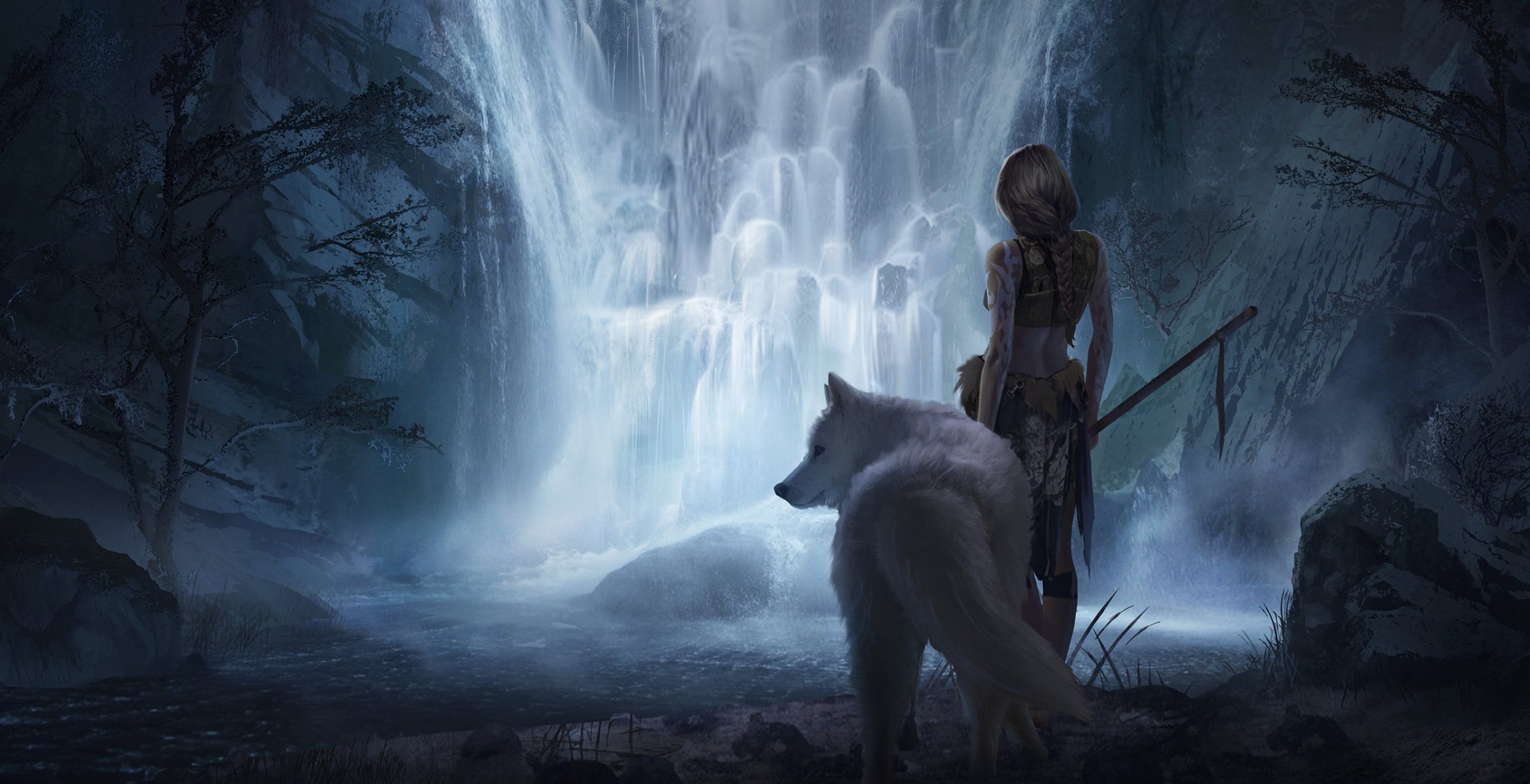 fiction art girl animals white wolf waterfall