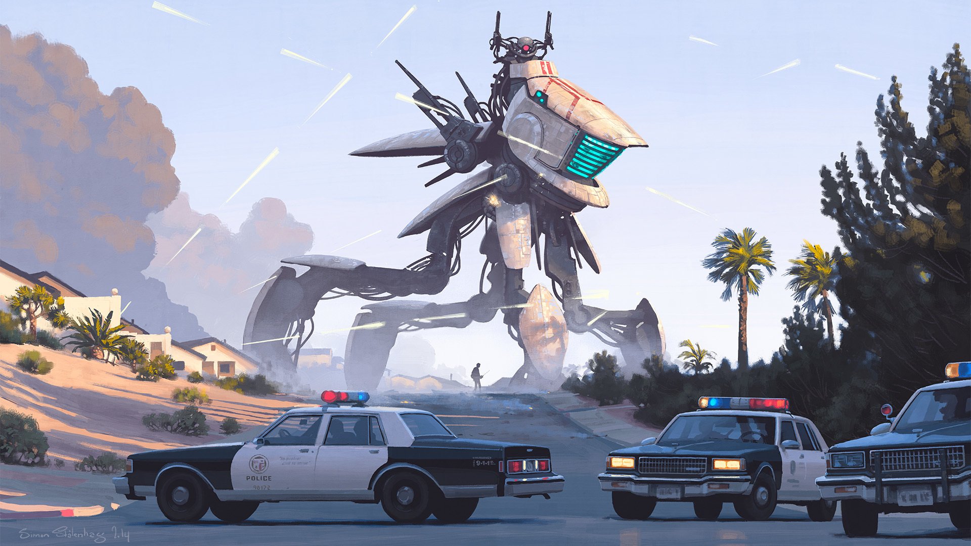 imon stålenhag simon stålenhag artista arte ficción robot policía bombardeo cabañas