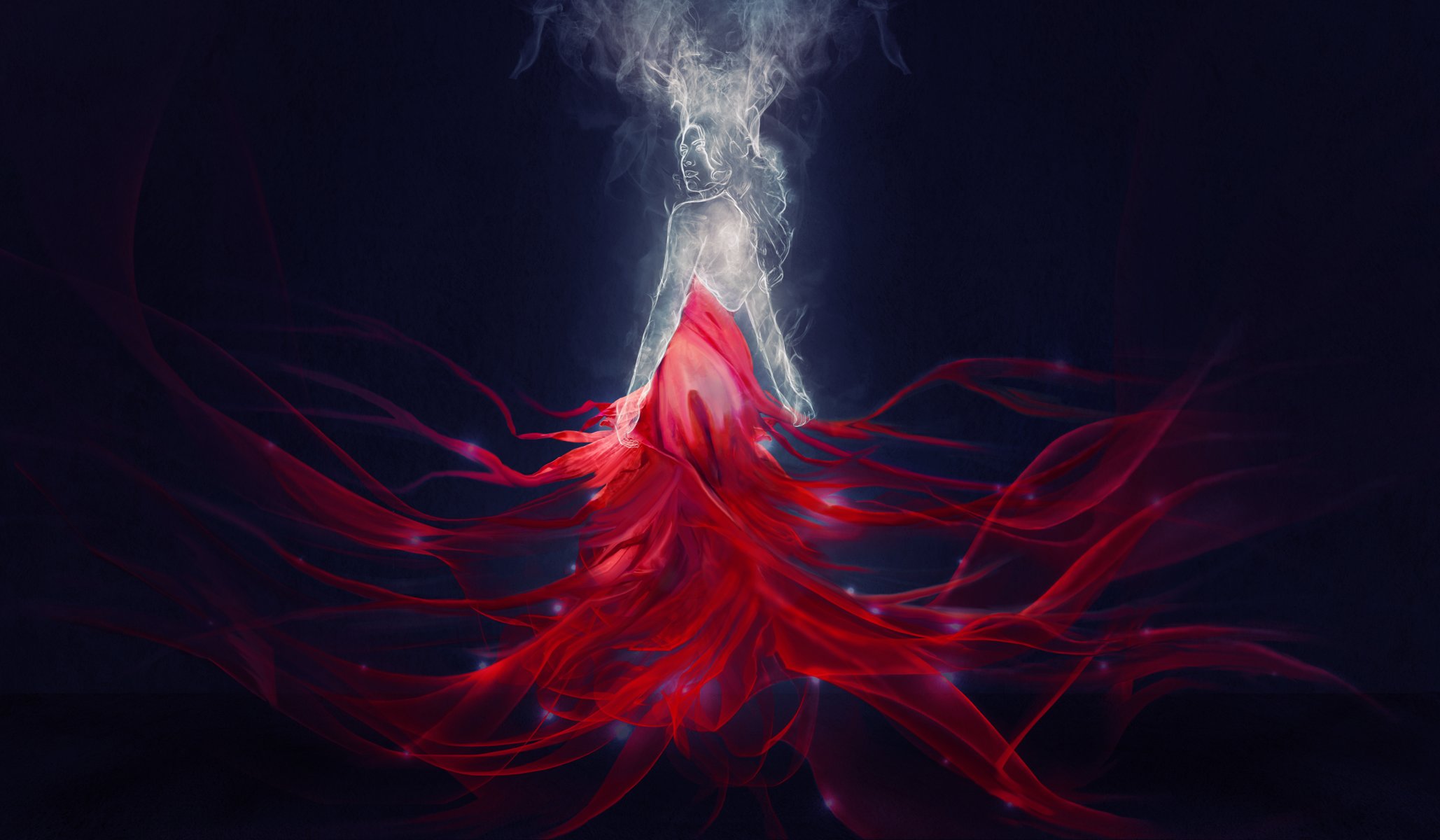 girl spin smoke red dress art