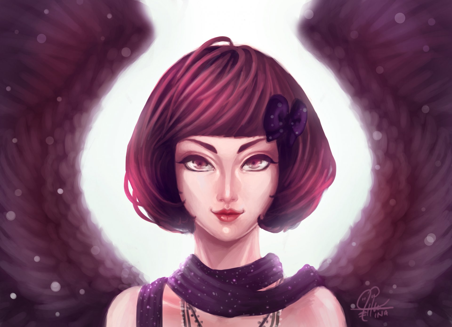 fiction art girl angel wings view hair hair style bow