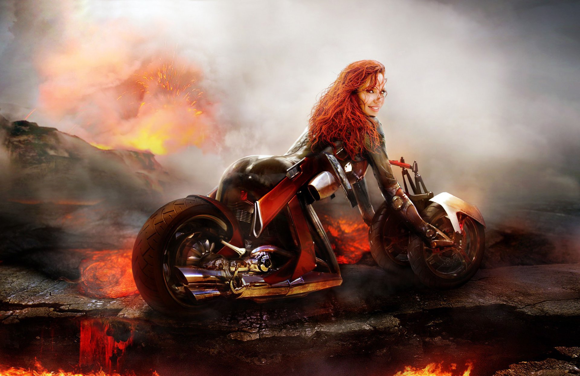 girl bike chopper fire smoke heat flame lava