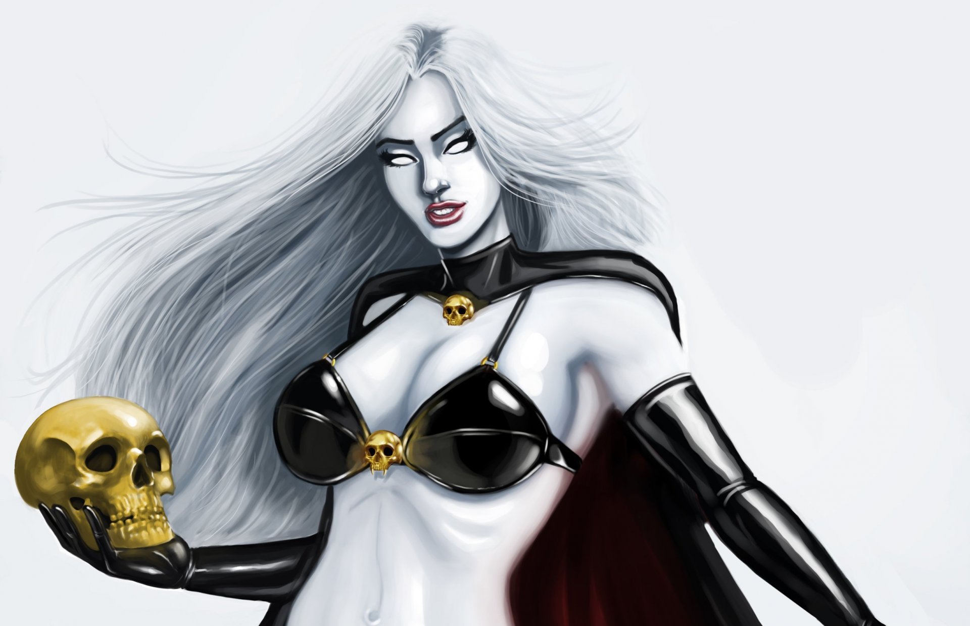 lady death fiction art view white eyes hair skull comic