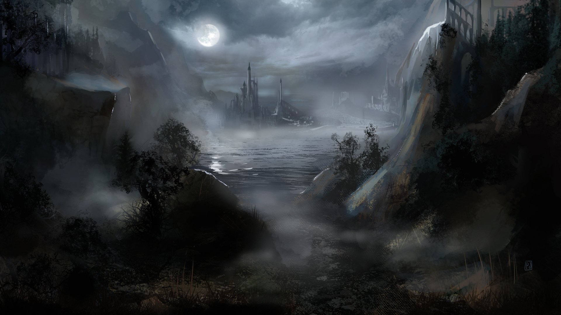 fiction art castle night moon water fog