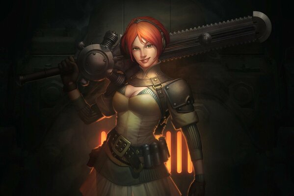 A red-haired girl with a gun smiles