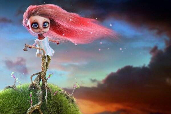 A girl with red hair against the sky