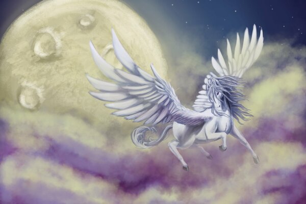 Fantastic animal pegasus in the sky with clouds