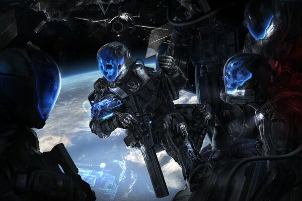 Fantastic creatures in outer space in armored suits. Blue skulls glow in helmets