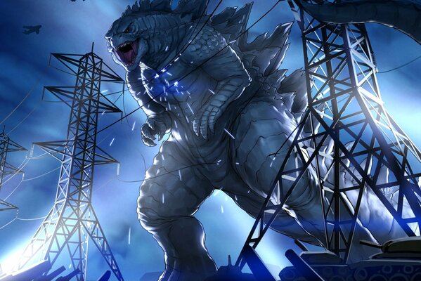 A huge Godzilla demolishes the wires