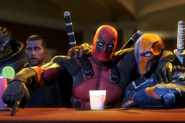 Deadpool assis derrière le bar