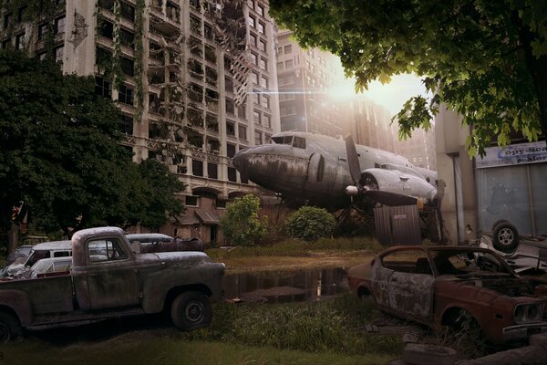 Apocalyptic art with cars and planes