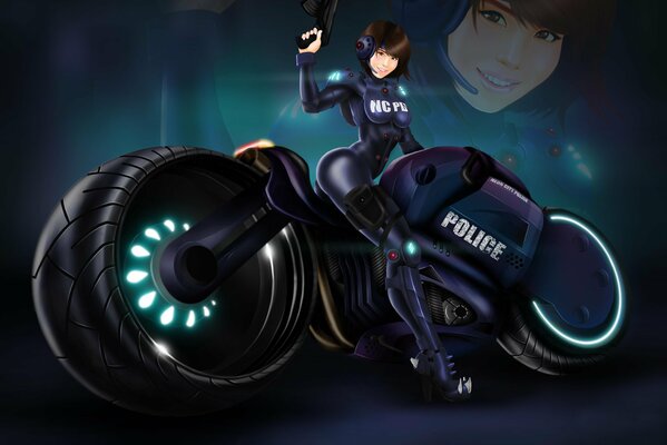 A girl in a cop costume on a huge motorcycle