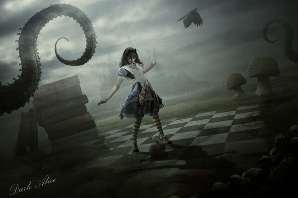 Alice in abito blu nel paese delle meraviglie