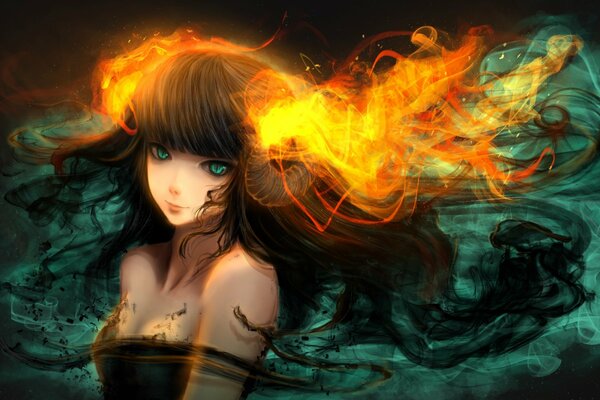 Girl character with fiery hair