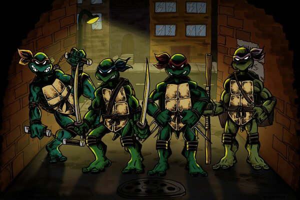 Teenage Mutant ninja turtles on the street in the light of a lantern