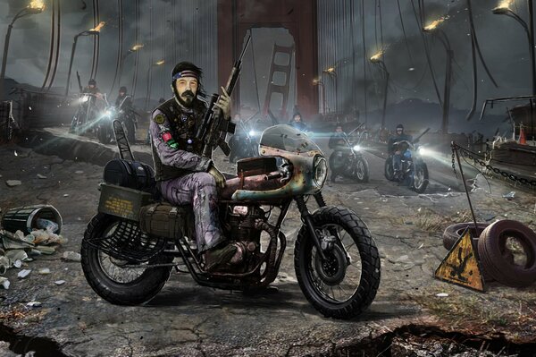 Motard dans la nuit sur le pont post-Apocalypse 