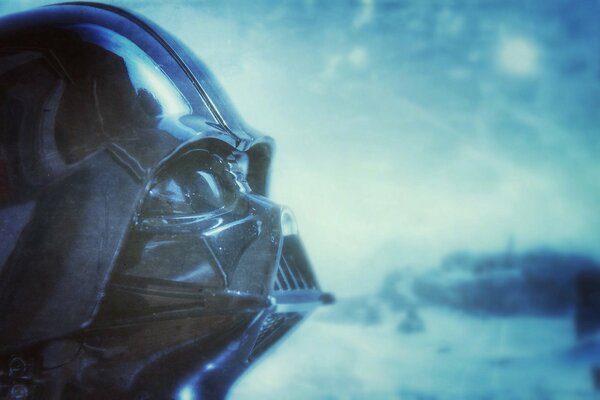 Darth Vader wearing a Star Wars helmet on a blue background