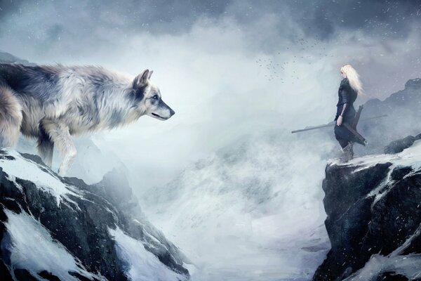 Mountain Snow Wolf vs man