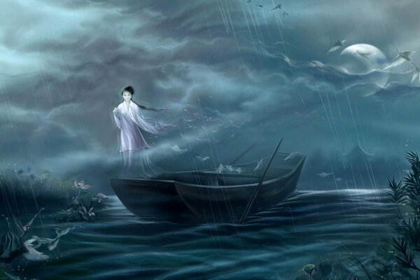 Japanese art. The girl on the boat