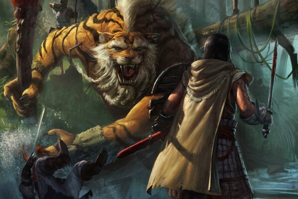 Imagen de fantasía de una batalla con un tigre