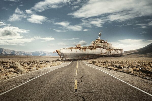 Ship on land in the middle of the road