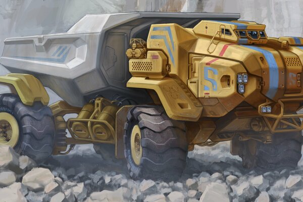 Camion de science-fiction sur les rochers