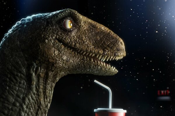 Bebe una bebida por la noche un dinosaurio satisfecho