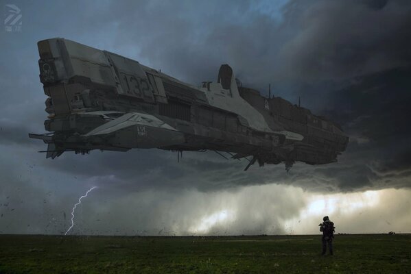 A high-speed ship in bad weather in the middle of a field