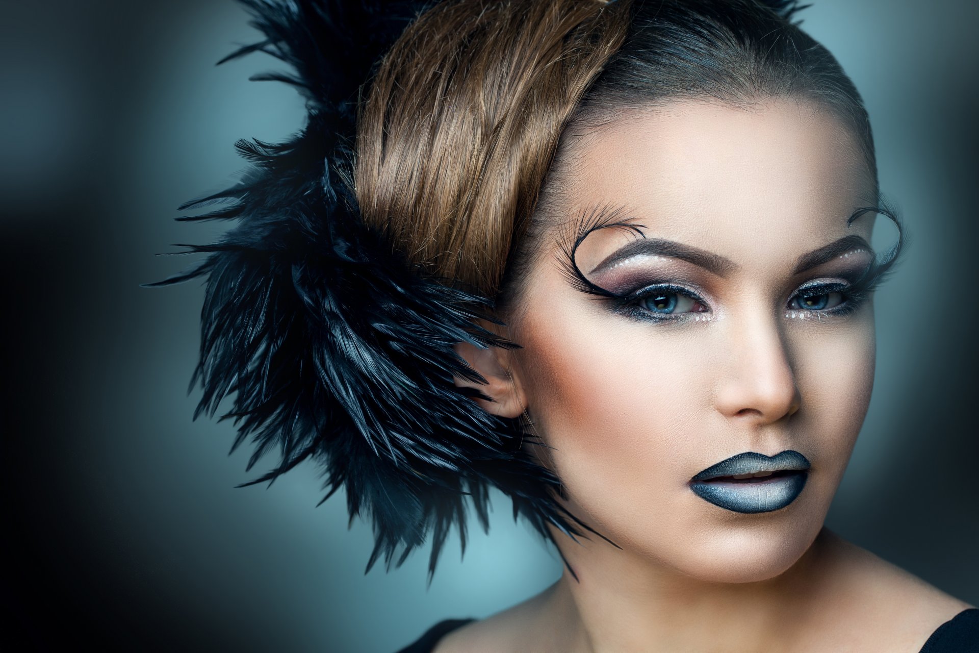 model make-up feathers hair hair style eyelash background