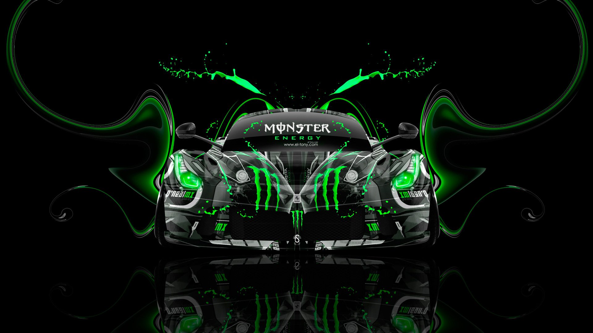 tony kohan ferrari laferrari monster energy avant super plastique acide boire voiture aérographe vert néon effets hybride el tony voitures photoshop papier peint conception art style monster energy ferrari laferrari ferari lafe