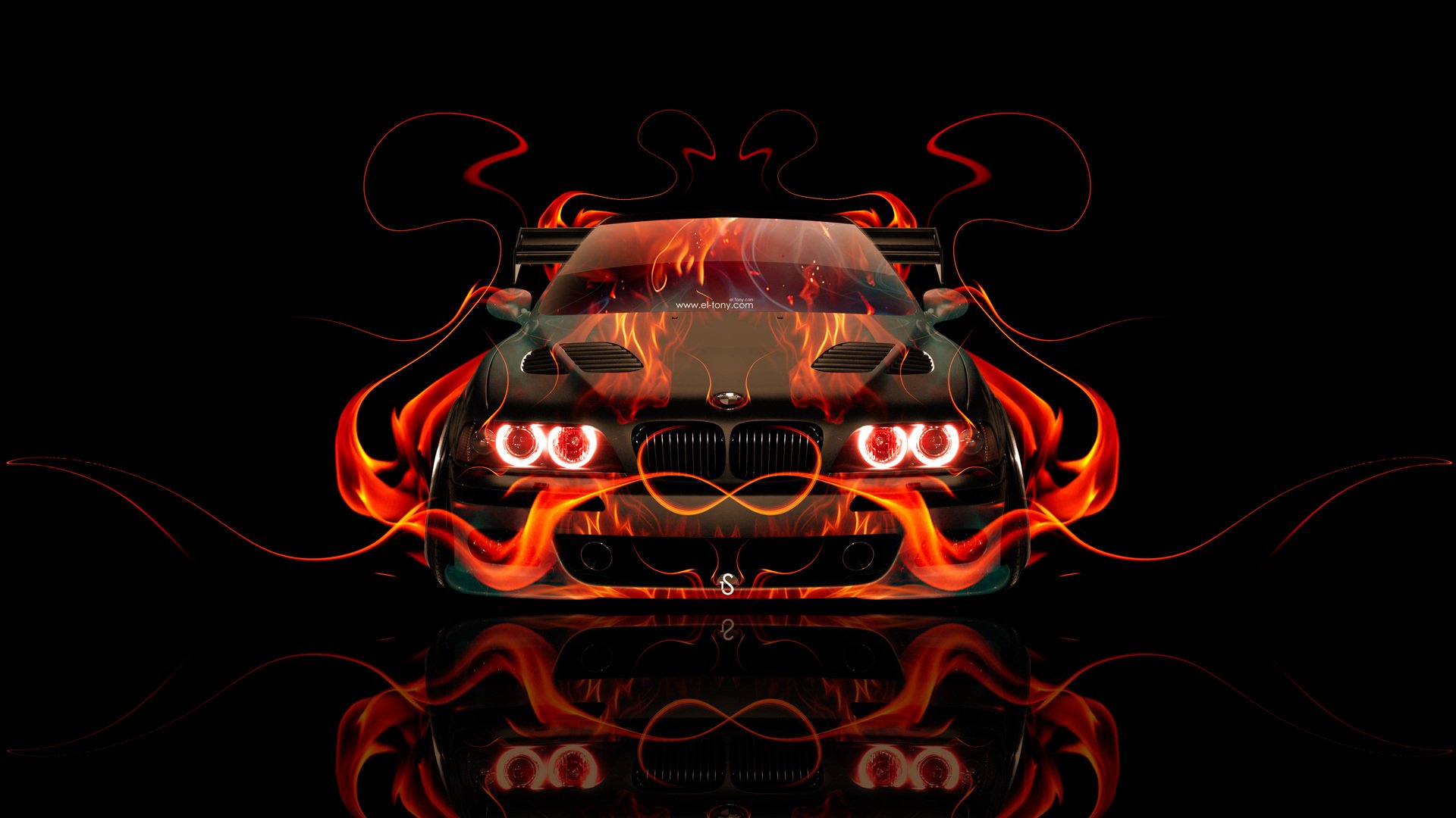 tony kohan bmw m5 e39 fuoco auto anteriore arancione fiamma nero astratto el tony auto photoshop design arte stile carta da parati bmw m5 e39 vista frontale fuoco auto fuoco auto fuoco arte sfondo