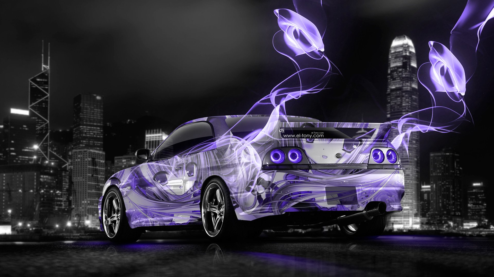 tony kohan nissan orizzonte gtr r33 jdm anime ragazza aerografo città viola neon colori energia el tony auto photoshop design carta da parati nissan skyline gtr r33 viola anime notte jadeem arte