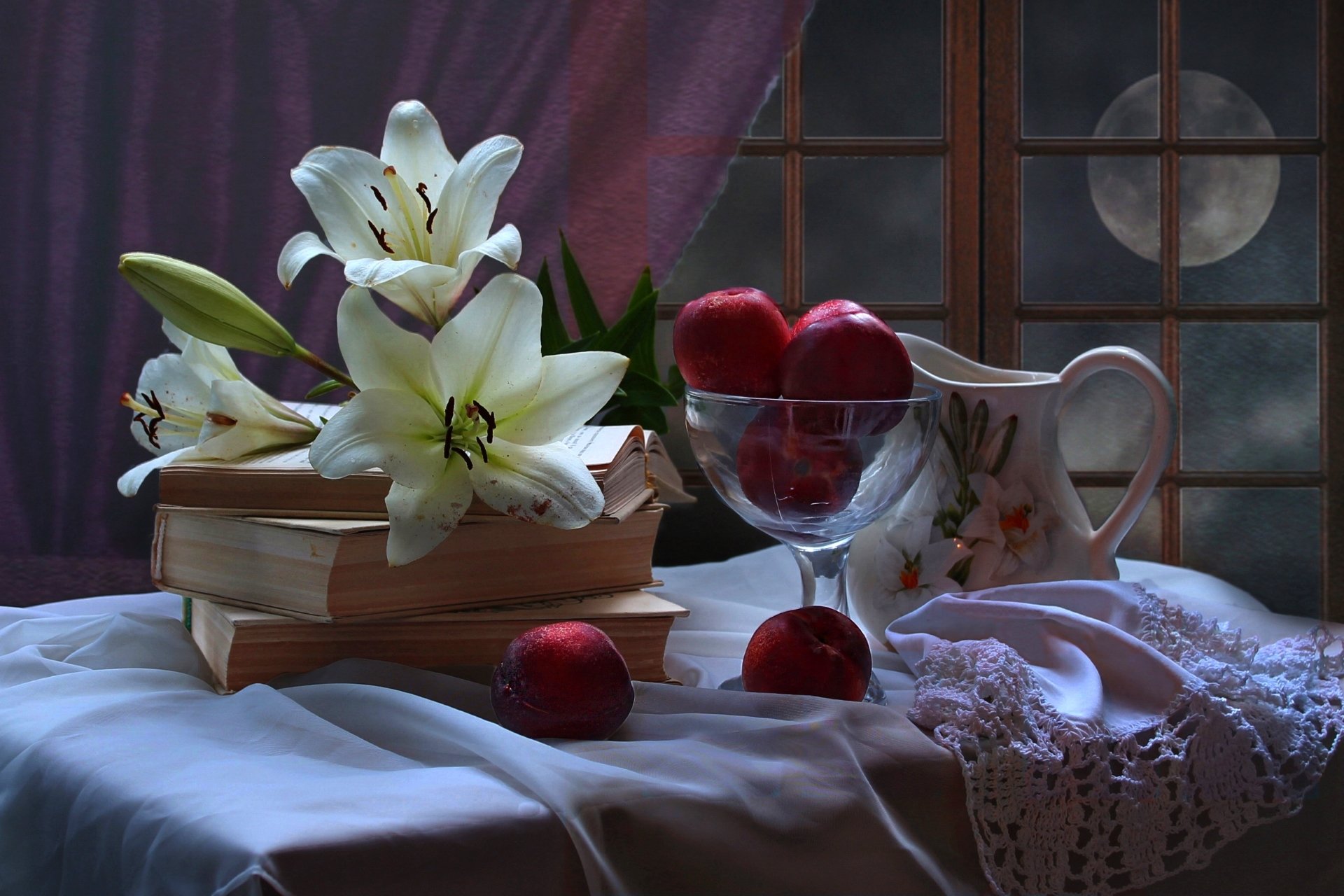 till life textures moon night lilies flower nectarines books pitcher