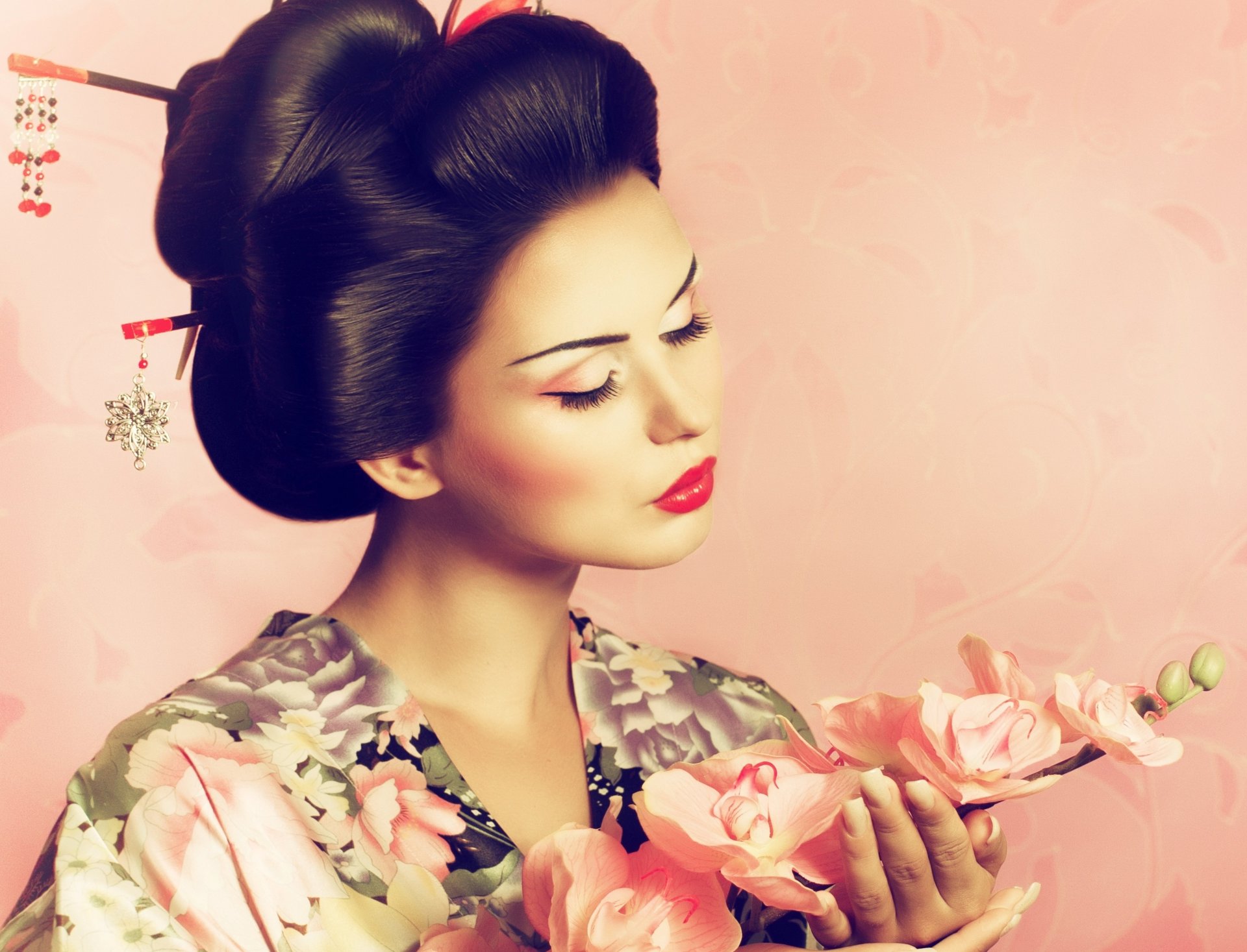 fille. maquillage kimono japon sakura coiffure fond