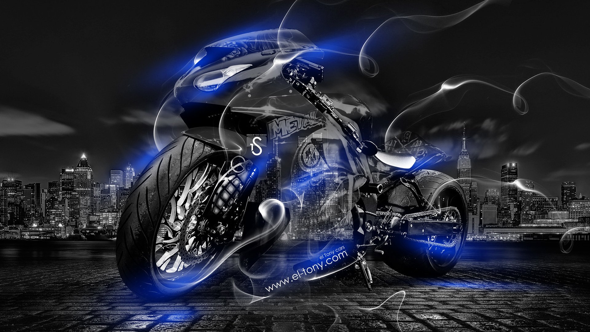 tony kohan moto rauch kristall stadt fahrrad blau neon el tony cars wallpaper photoshop style motorrad fahrrad smoking transparent nacht blau kunst 2014