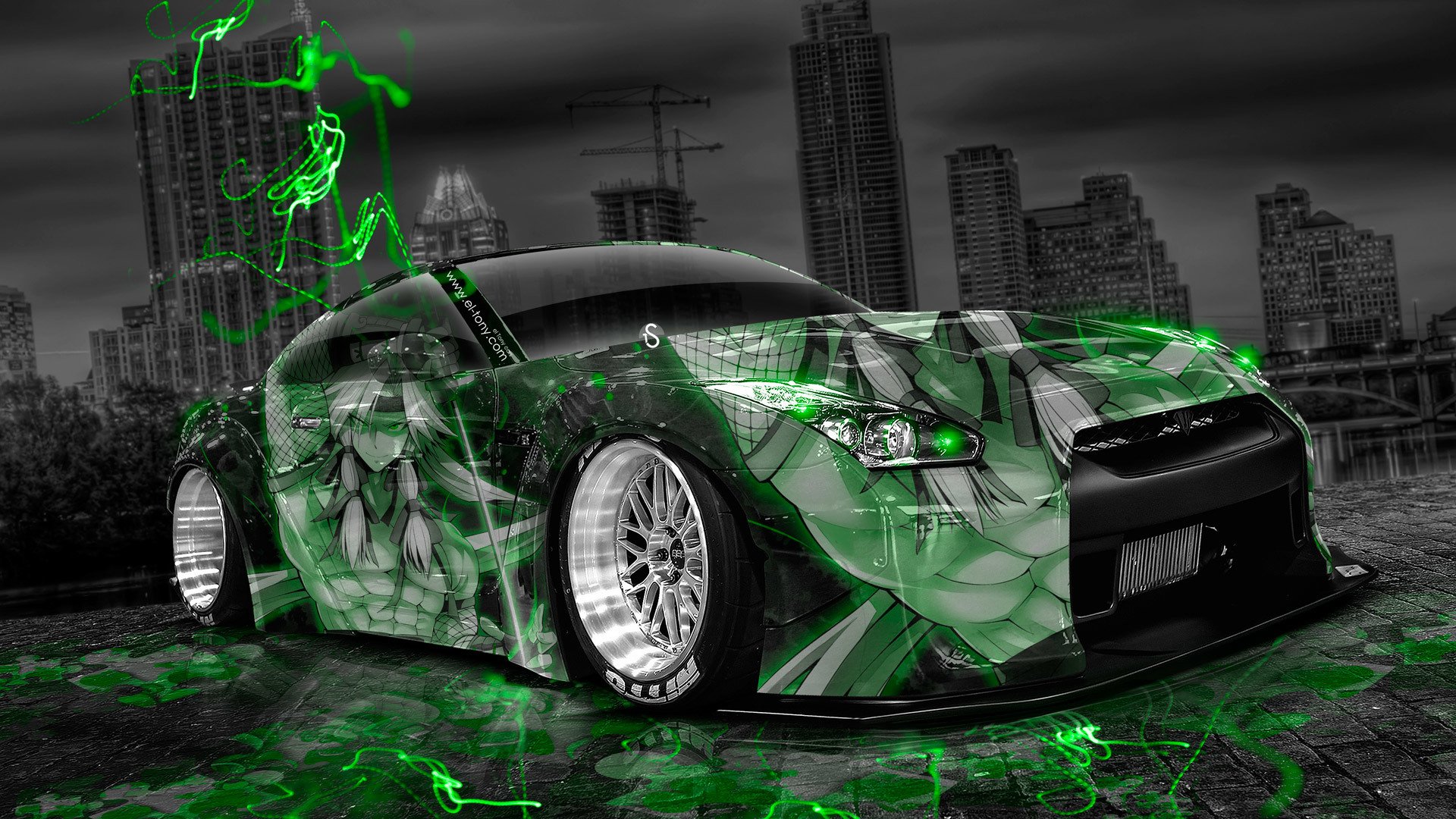 tony kohan nissan gtr r35 tuning anime airbrush zielony neon efekty styl miasto noc jdm el tony cars photoshop design nissan gtr er 35 zielony tapeta 2014