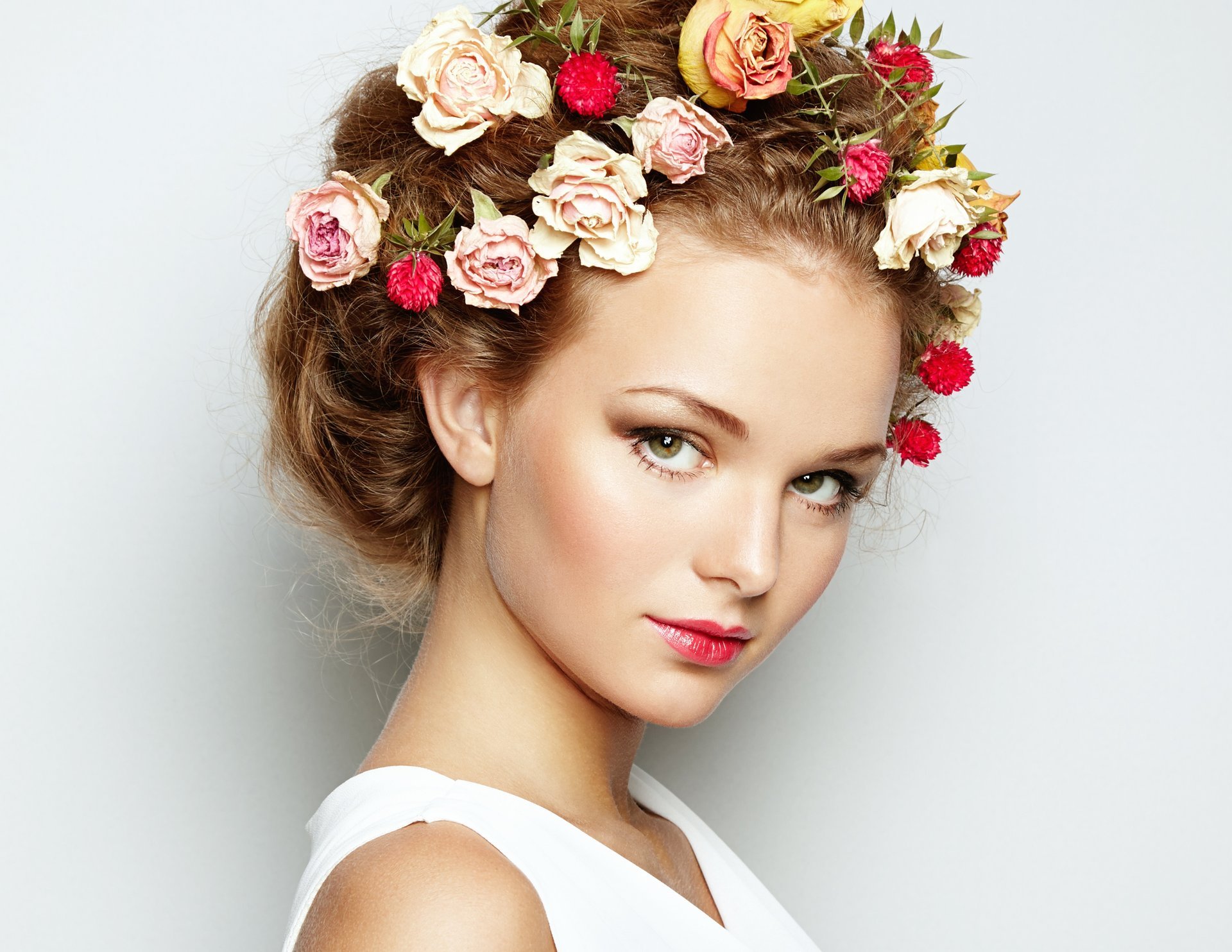 girl beautiful spring hair flower make-up