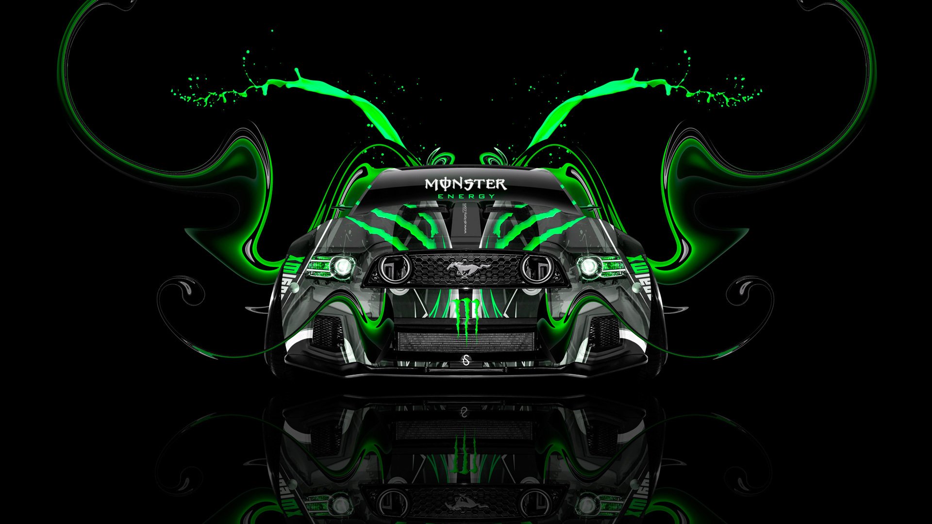 tony kohan monster energy logo ford mustang gt muscle car front green airbrushing tuning acid drink black el tony cars photoshop design art style wallpaper gt monster energy front view oil muscle car