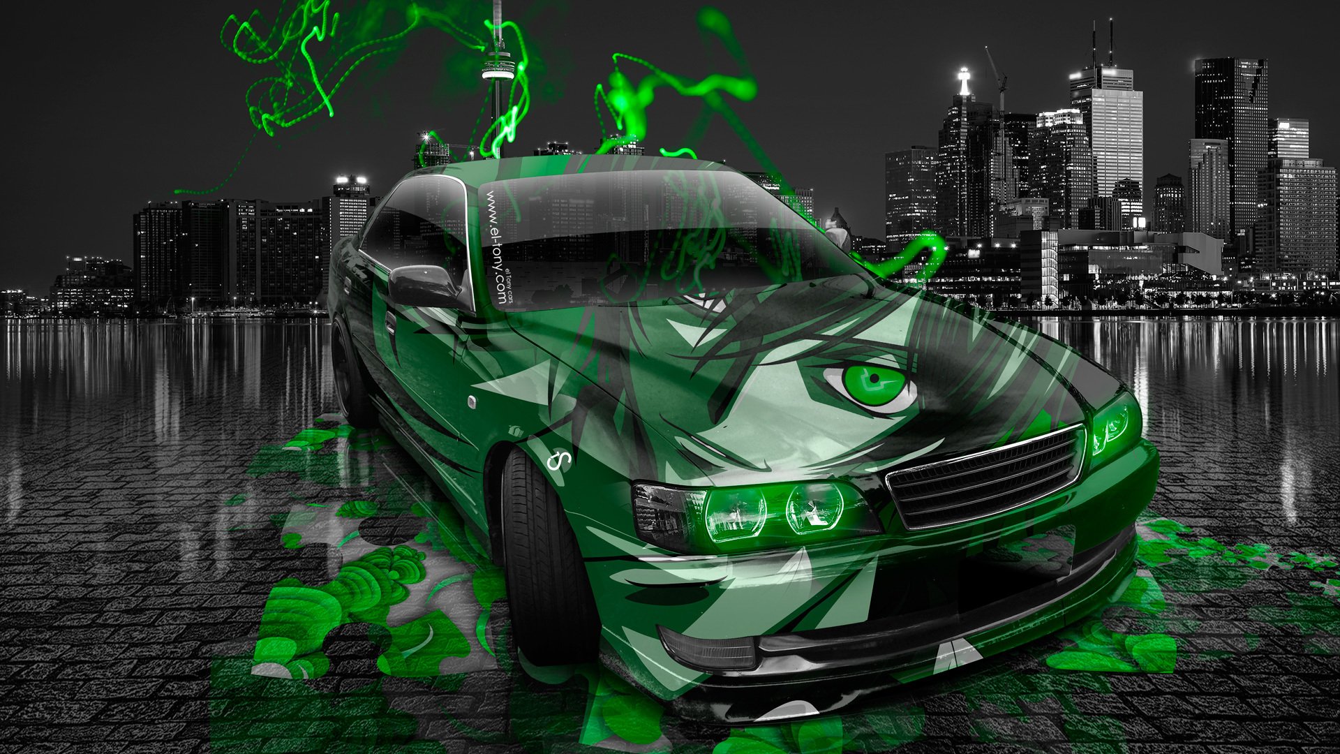 tony kohan toyota chaser jzx100 jdm anime aerografo auto ragazzo verde neon effetti notte città el tony cars design arte stile carta da parati giappone photoshop toyota chaser anime 100 carrozzeria giapponese giapponese verde auto verde