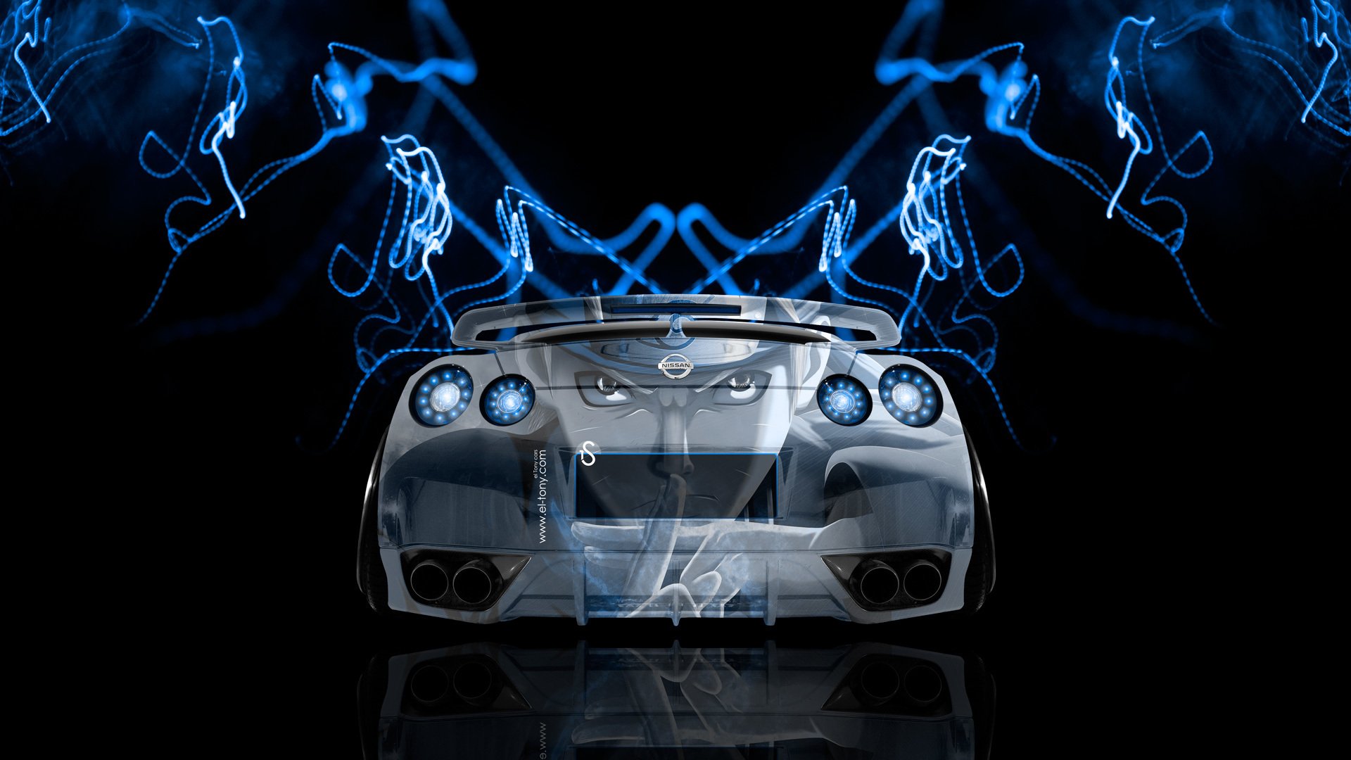 tony kohan nissan gtr r35 jdm indietro anime aerografo blu neon effetti el tony auto photoshop design stile nissan gtr er 35 vista posteriore blu ciano anime carta da parati 2014