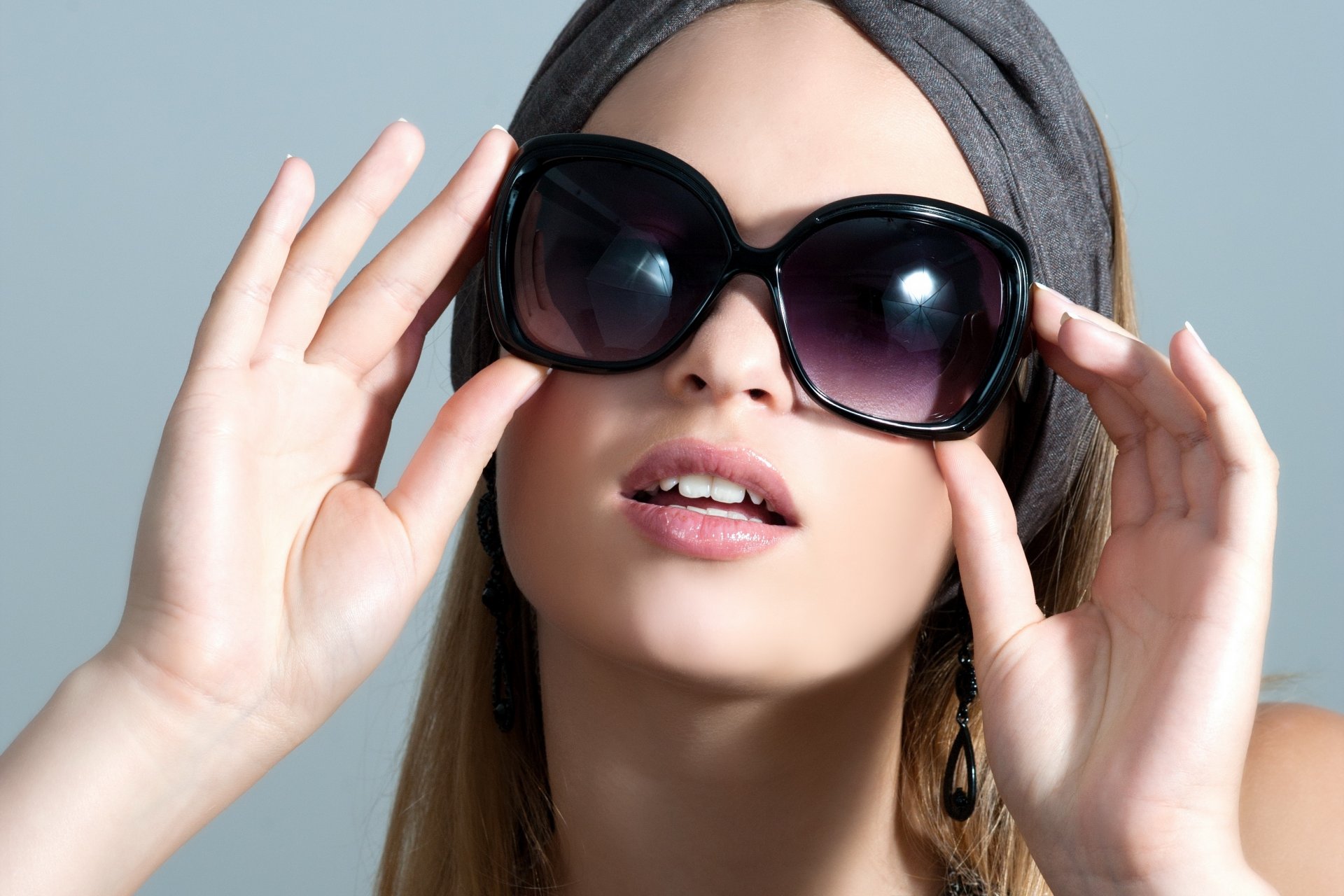 girl sunglasses face lips hair hand