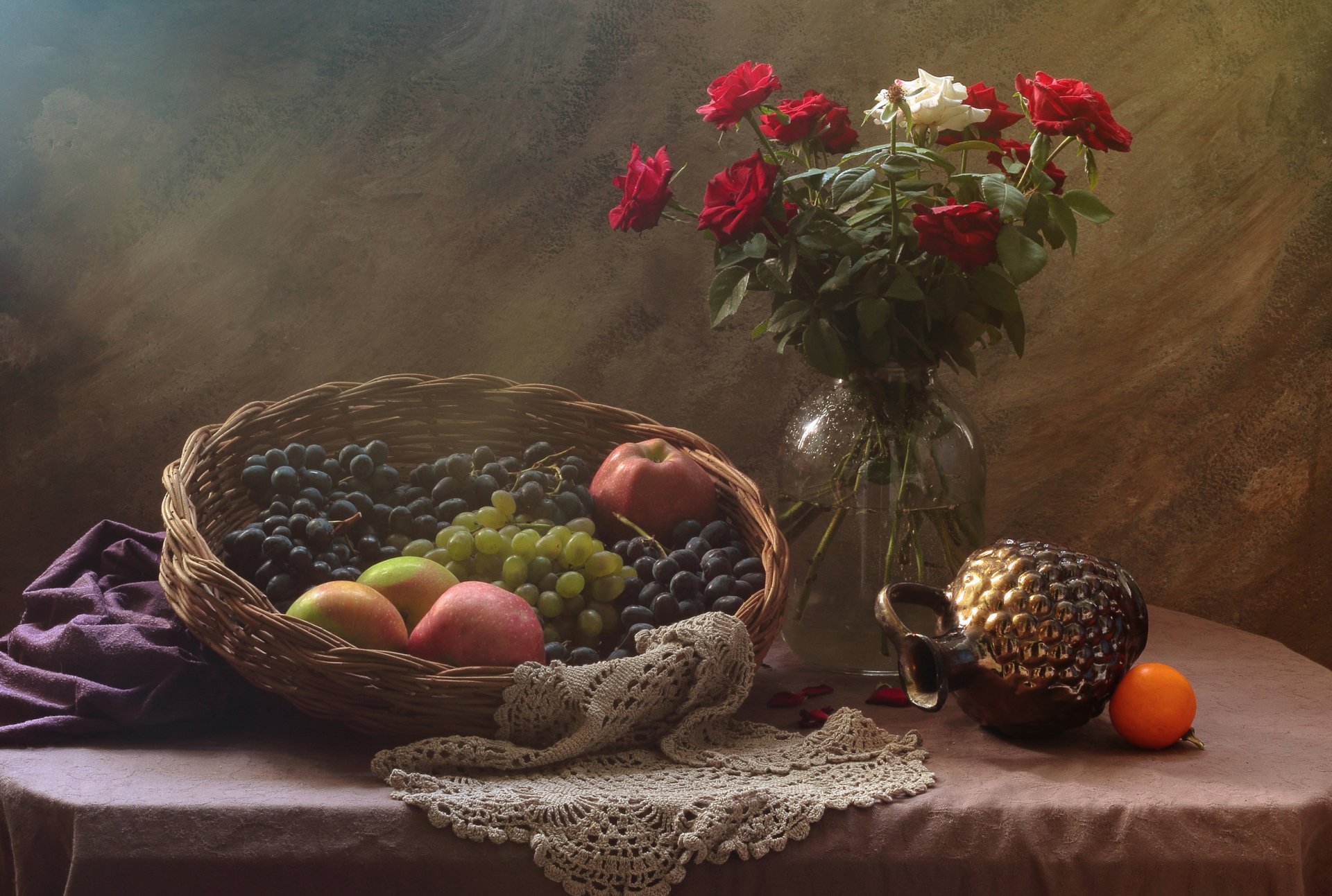 nature morte fruits bouquet roses