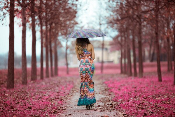 A girl with an umbrella walking along the path