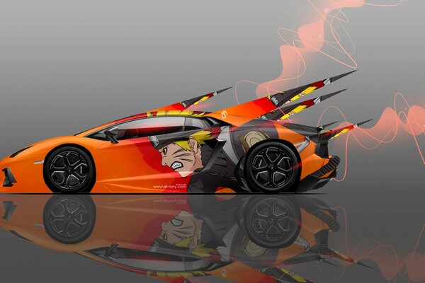 La voiture orange avec Naruto est Lamborghini