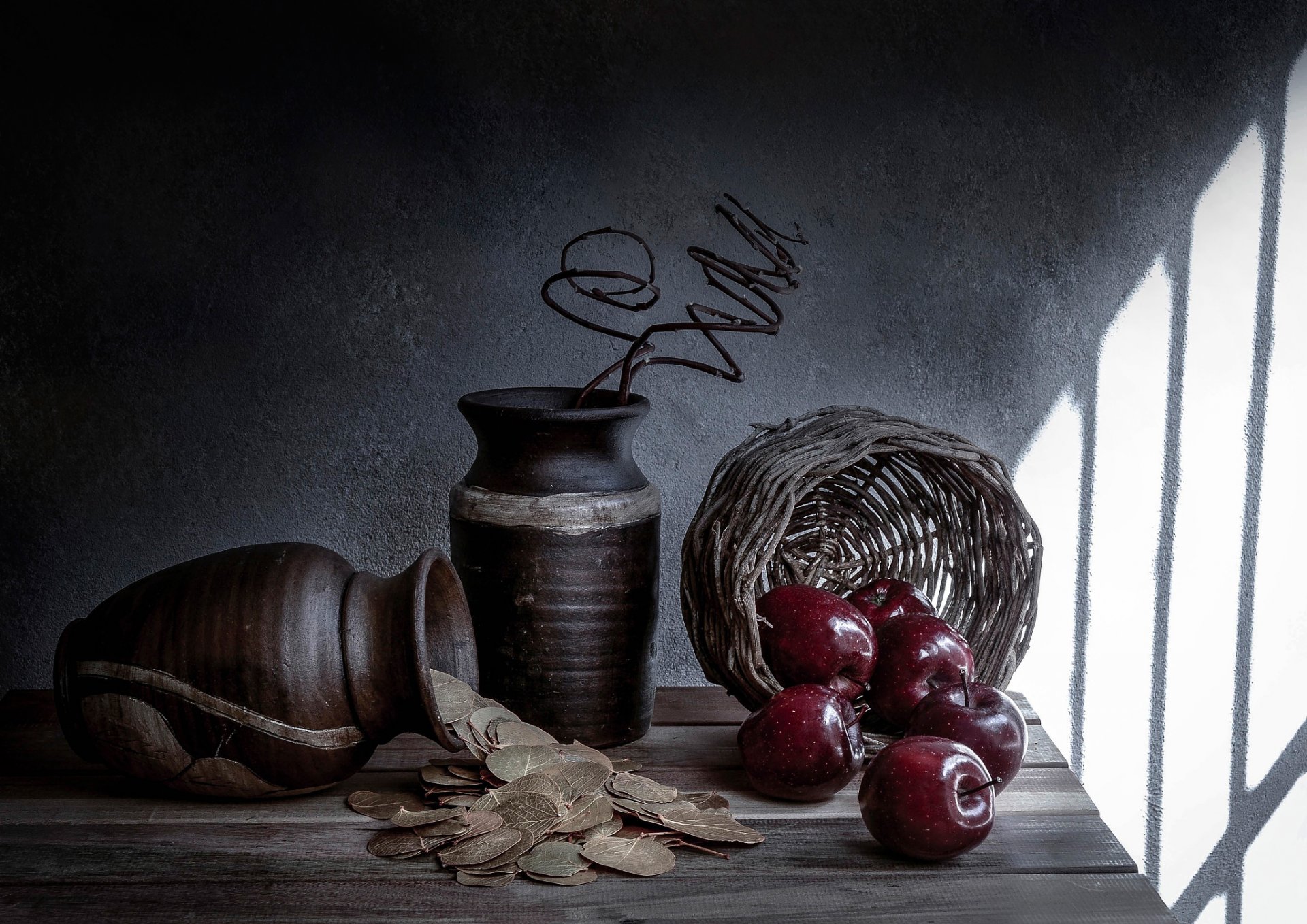 waiting for the snow white still life shopping pitcher apples laurel