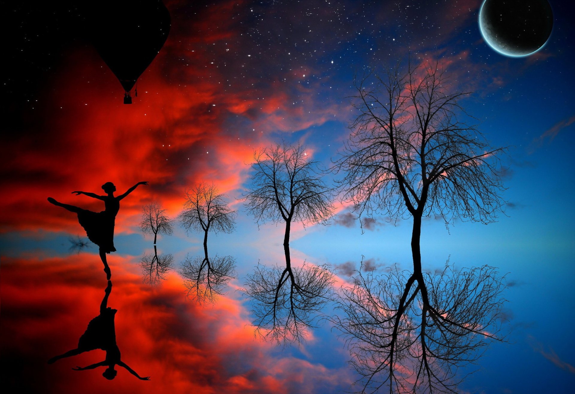 ragazza danza luna alberi