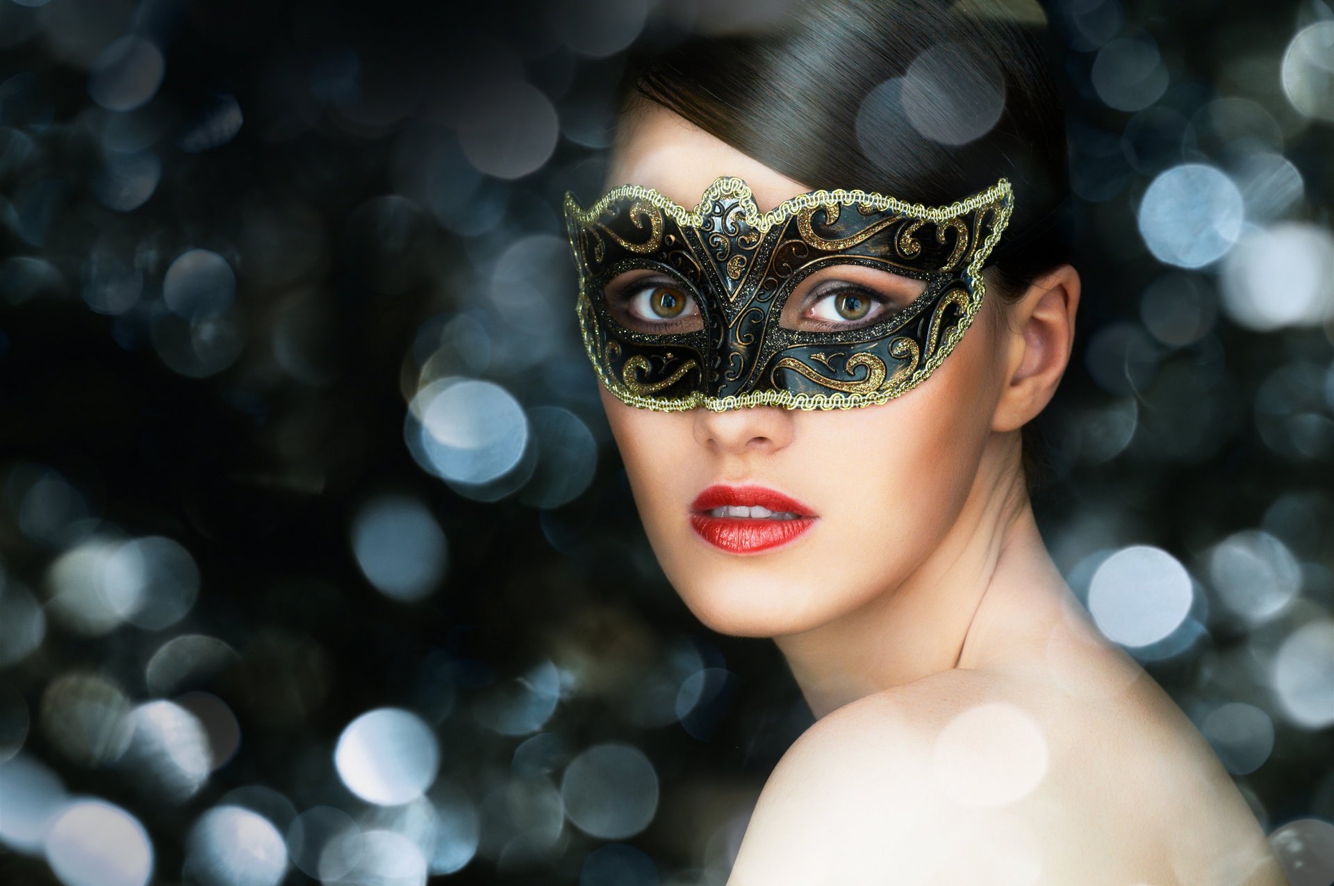 girl brunette green-eyed view mask