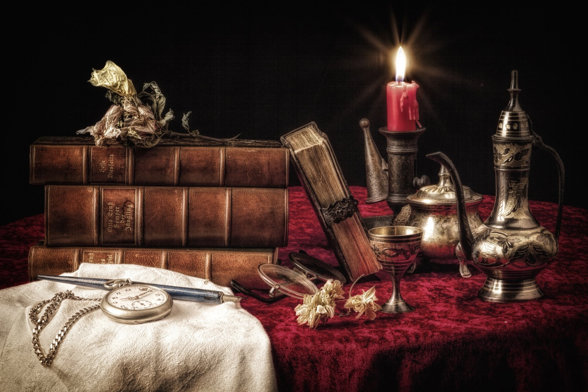 books watches candle tableware still life